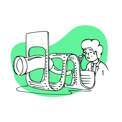 Illustration of a man viewing pages through binoculars.