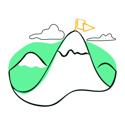 Abbildung eines Berges mit einer Flagge auf seinem Gipfel.