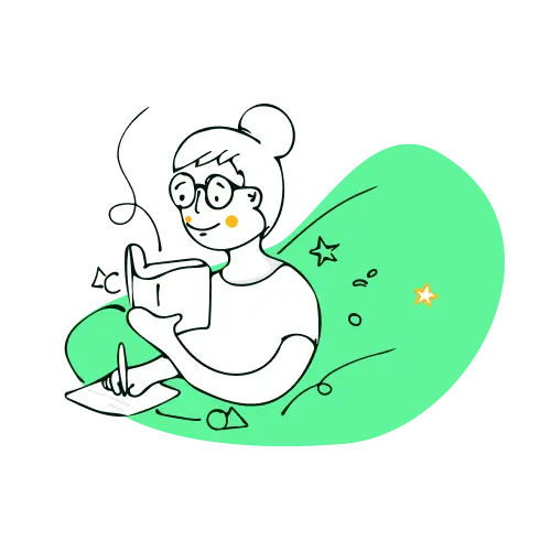 Illustration of a woman taking notes from a book.